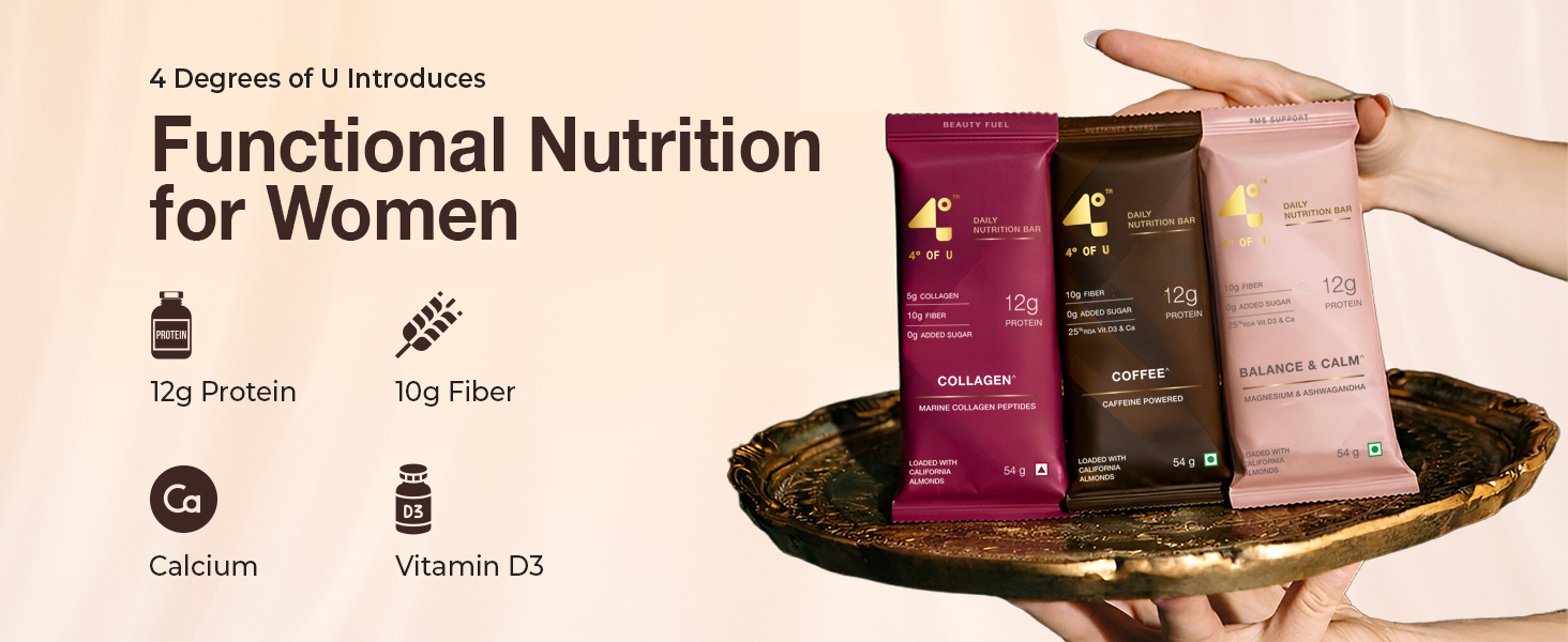 4 Degrees of U Women’s Wellness Protein Bar, Coffee | 12g Protein with No Added Sugar | 10g High Fibre, Calcium & Vitamin D3 | Pack of 1 (54g)