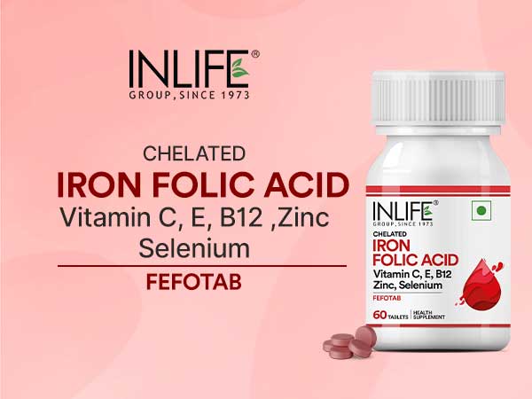 INLIFE Iron Folic Acid, Chelated Ferrous Bisglycinate, 60 Tablets