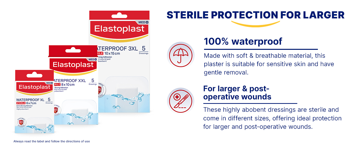 Elastoplast Waterproof XL Wound Dressings 6 x 7 cm (10 Pack) | Bacteria Shield to Defend Against Dirt & Infection | Ideal for Outdoor Activities | Transparent Plaster | Strong Adhesive Power