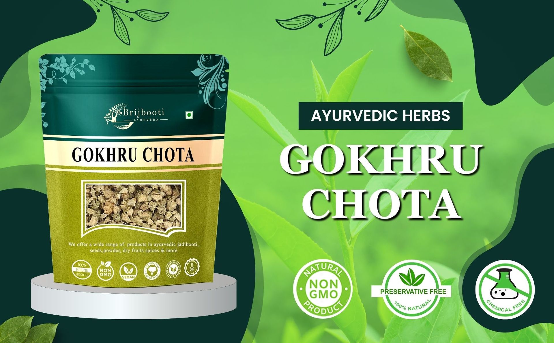 Brijbooti Gokhru Chota 100 Gr - Tribulus Terrestris Seeds - Small Caltrops | FSSAI, GMP, ISO Certified