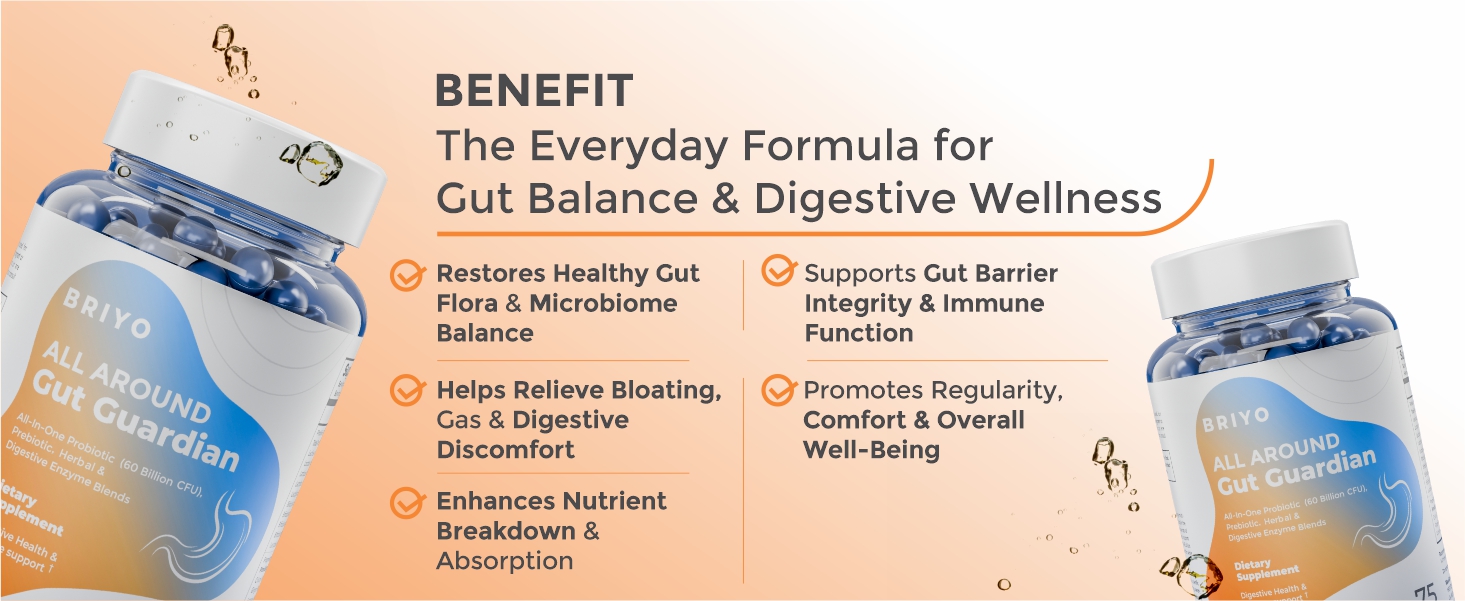 Briyo Gut Health Support – 60 Billion CFU Probiotics with Prebiotics, Digestive Enzymes & Herbs | Gut Guardian Formula to Boost Good Gut Bacteria, Support Digestion & Immunity, and Relieve Bloating & Gas