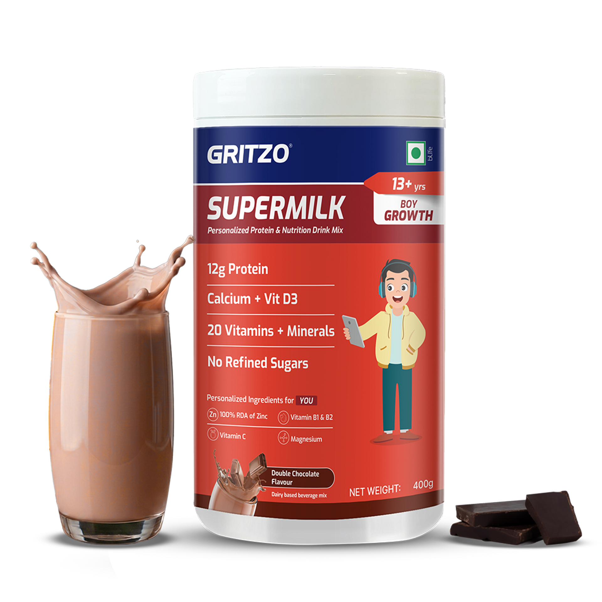 Gritzo SuperMilk Growth (13+ Boy), Double Chocolate, 400g