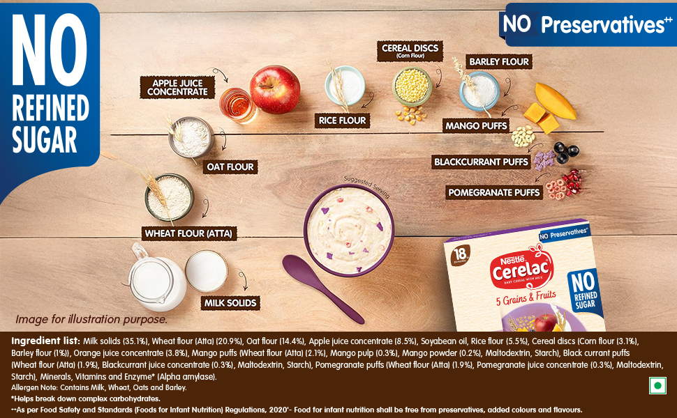 Nestlé CERELAC Baby Cereal 5 Grains & Fruits, No Refined Sugar STG-5, 300g