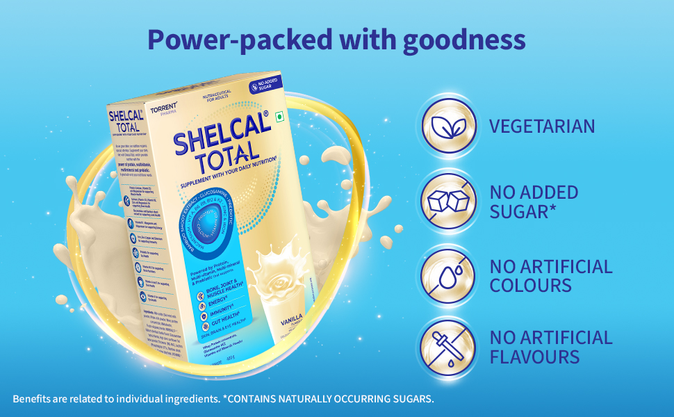 Shelcal Total - Powered by Protein, Multi-Vitamin, Multi-Mineral & Prebiotic supports Bone, Joint & Muscle, Immunity, Gut Health and more - No Added Sugar (Vanilla) 400g - By Torrent Pharma