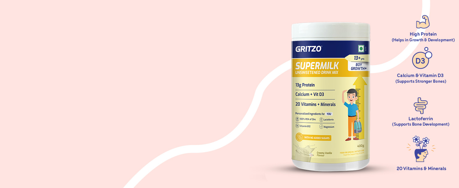 Gritzo SuperMilk Growth+ Unsweetened (13+ Boy), Creamy Vanilla, 400g
