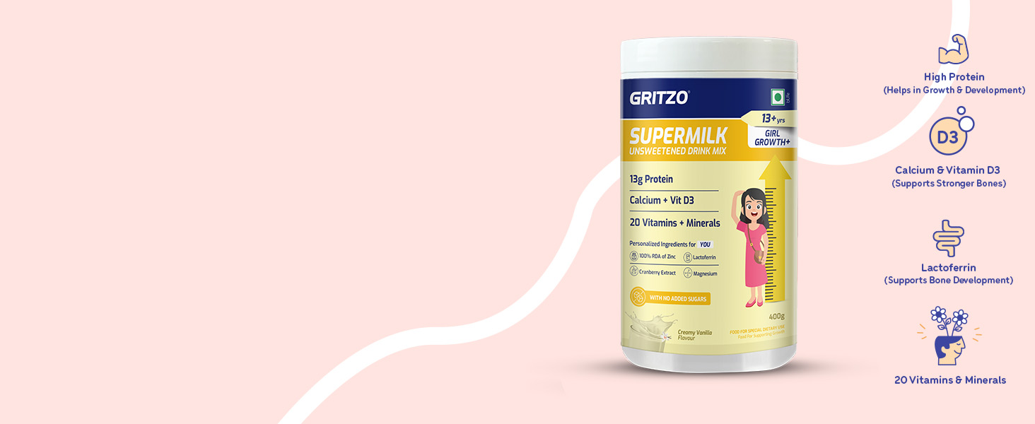 Gritzo SuperMilk Growth+ Unsweetened (13+ Girl), Creamy Vanilla, 400g