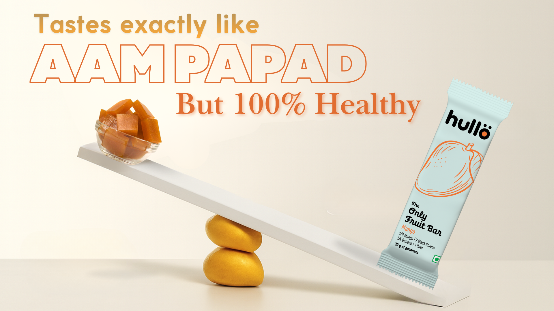 Hullo The Only Fruit Bar - Mango (Pack of 6 x 30g) | Healthy Aam Papad Snack Bar for Kids & Adults with No Added Sugar & No Preservatives | Energy Bar School, Travel & Trekking | Made with Real Mango