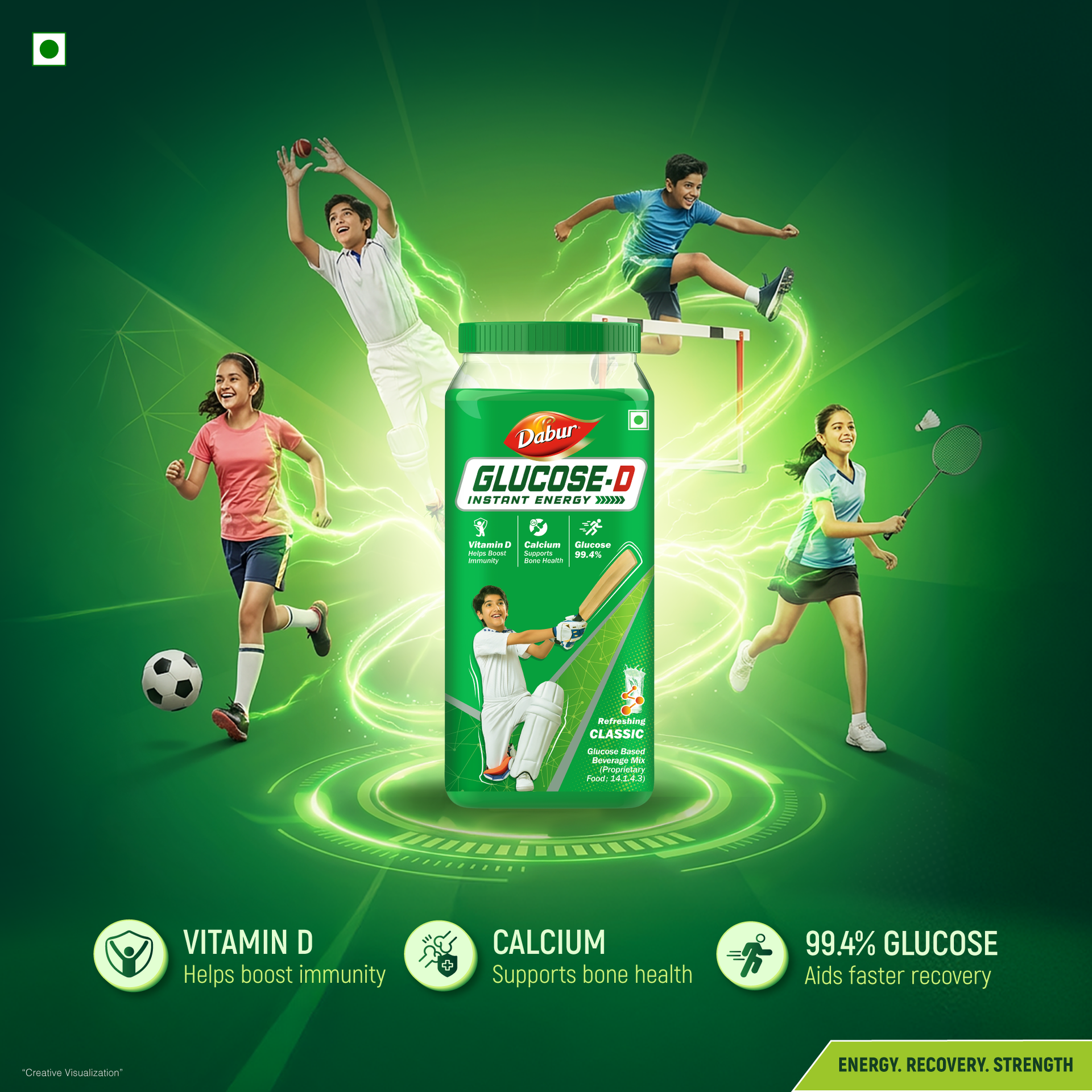 Dabur Glucose-D Instant Energy Drink Powder - 1kg | Enriched with Vitamin D & Calcium | 99.4% Glucose Quick Energy Replenishment Formula | Easy to Mix Refreshing Drink