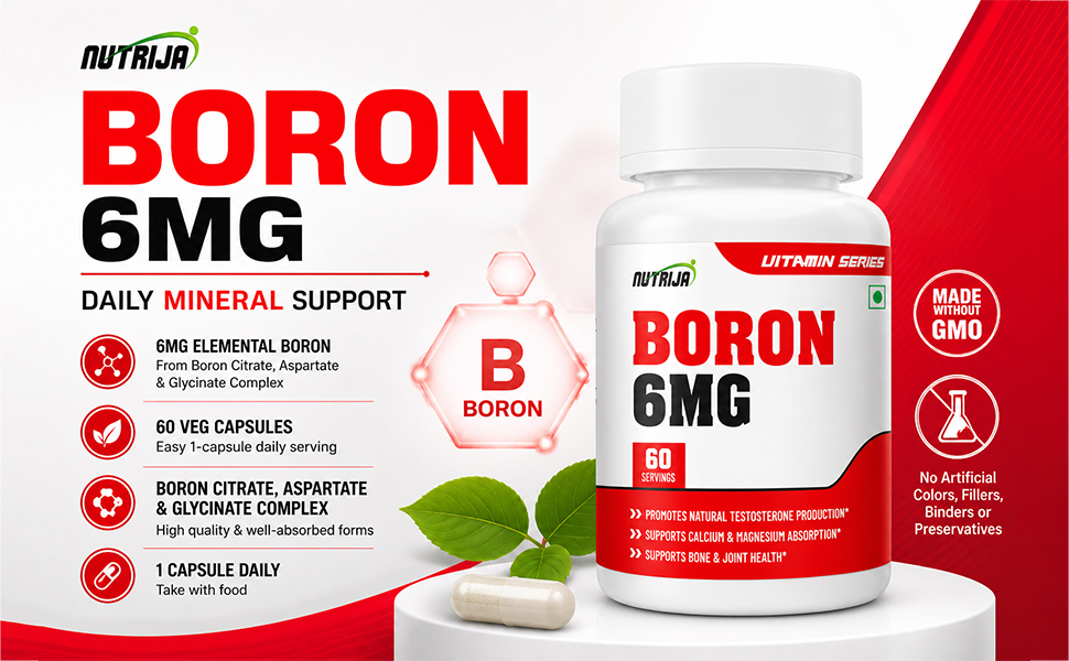 NutriJa Boron 6mg Capsules | Boron Citrate, Aspartate & Glycine Complex | Trace Mineral Supplement for Bone, Joint & Mineral Support | 60 Vegetarian Capsules
