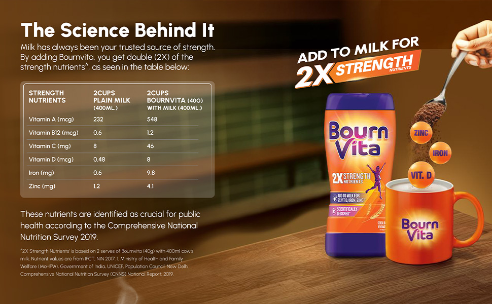 Bournvita Zero Added Sugar Nutrition Drink, 500g Jar | No Added Sugar, No Added Preservatives | 19 Essential Nutrients for Strength