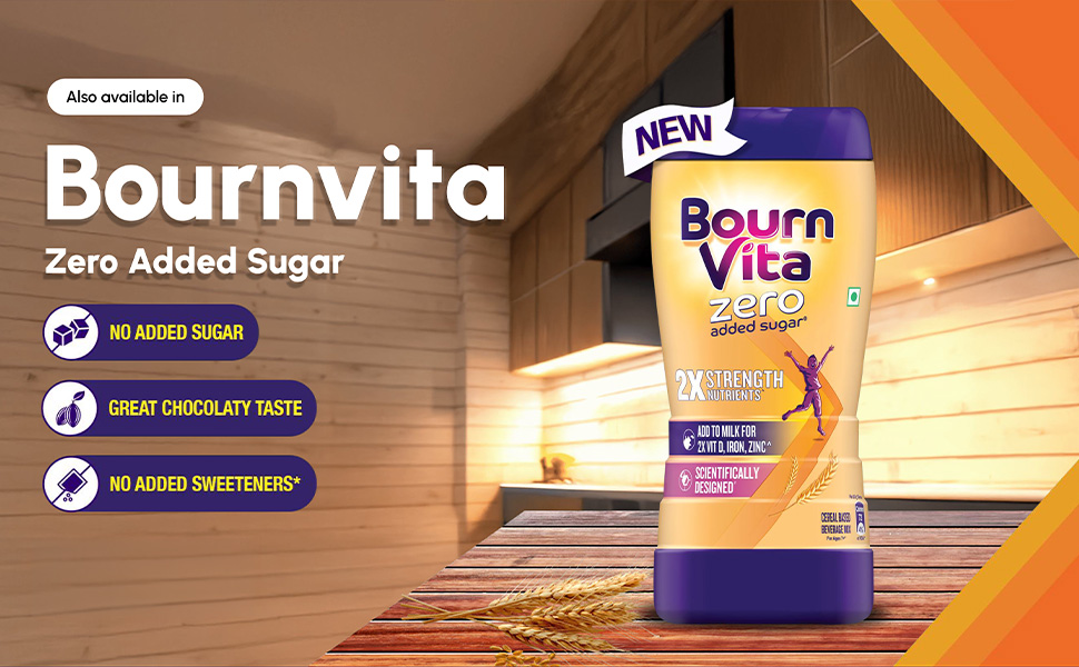 Bournvita Zero Added Sugar Nutrition Drink, 500g Jar | No Added Sugar, No Added Preservatives | 19 Essential Nutrients for Strength
