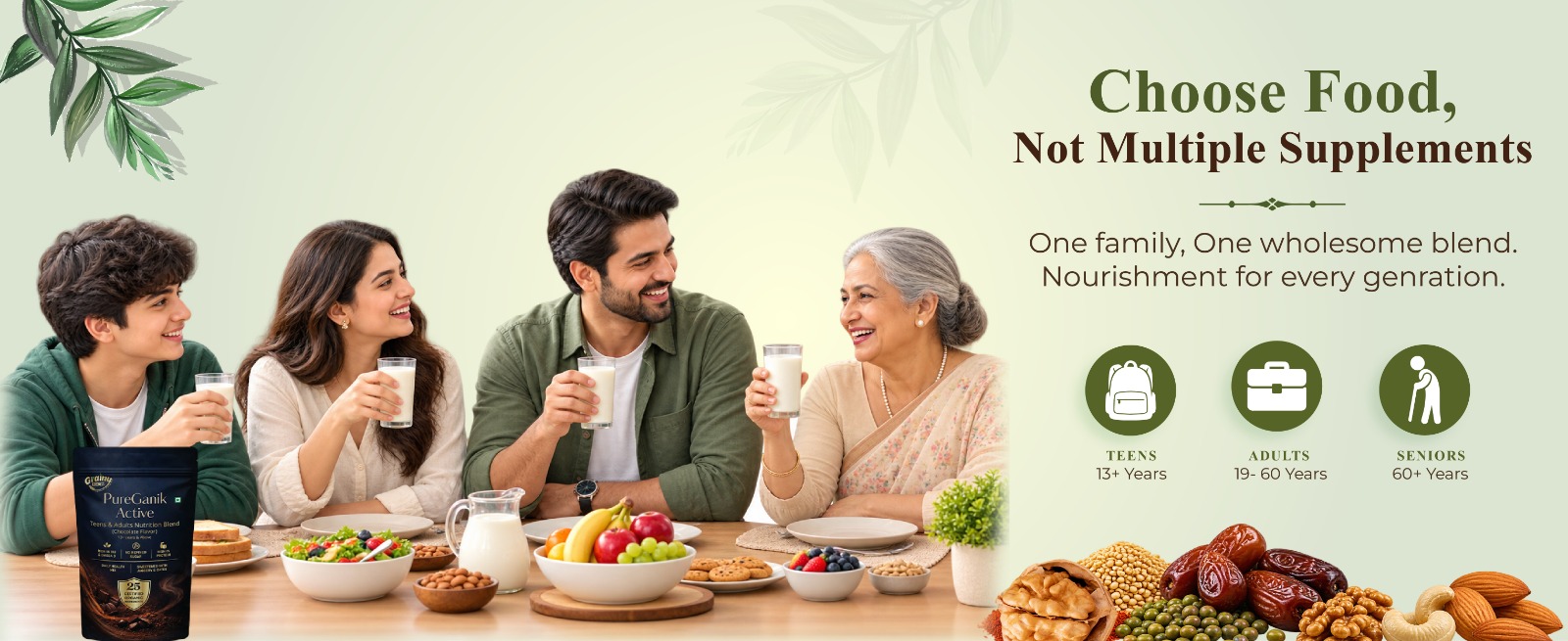 PureGanik Active Teens & Adult | 25 Organic Ingredients | Chocolate Flavor Nutrition Powder | No Refined Sugar | High Protein | Daily Nutrition | Easy to Digest | 400 gm