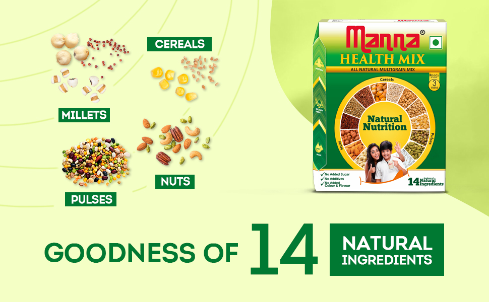 Manna Health Mix 2 Kg, All Natural Nutrition Drink, with 14 ingredients, Zero Sugar. Natural Nutrition 1 Kg (Pack of 2)