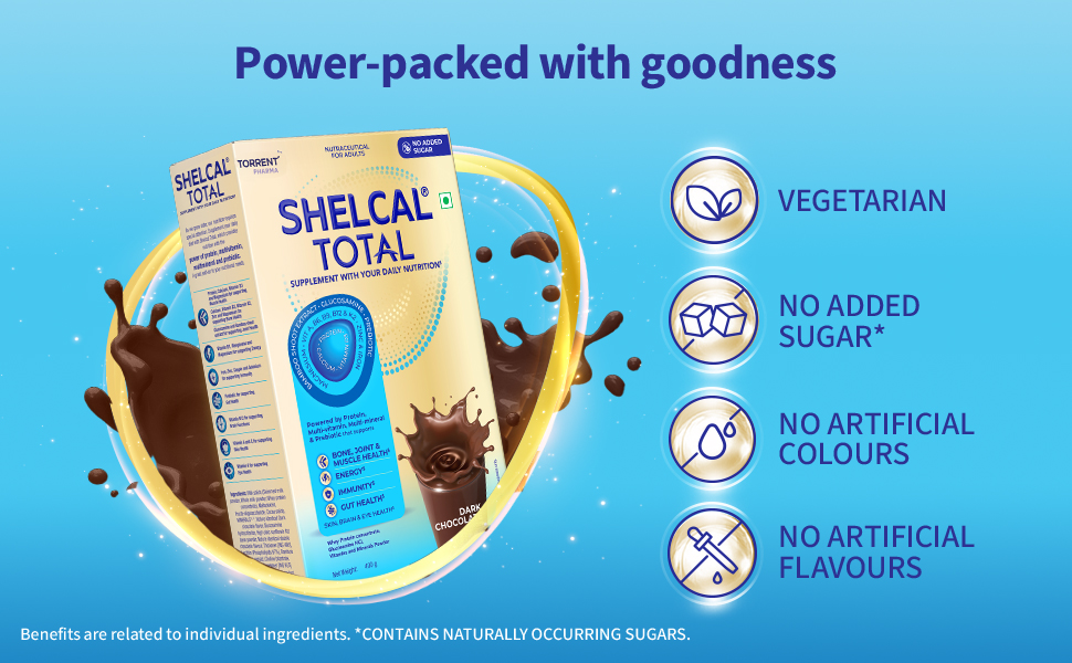 Shelcal Total - Powered by Protein, Multi-Vitamin, Multi-Mineral & Prebiotic supports Bone, Joint & Muscle, Immunity, Gut Health and more - No Added Sugar (Dark Chocolate) 200g - By Torrent Pharma