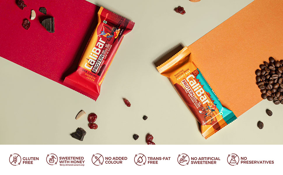 CaliBar 10g Protein Bar - Berry Almond Crispy Bar (Pack of 6) Real Bits of Cranberry & Blackcurrant, Low In Sugar, Sweetened With Honey, Gluten-Free, 4g Fiber, No Preservatives , No Palm oil (40g x 6 Bars)
