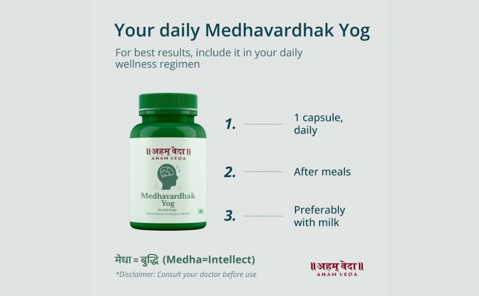 Ayurvedic Brain Tonic Capsules for Memory, Focus & Mental Wellness | Brahmi + 5 potent Medhya Rasayana Herbs | 100% Herbal, Non-Habit Forming | 60 Veg Capsules, by AhamVeda