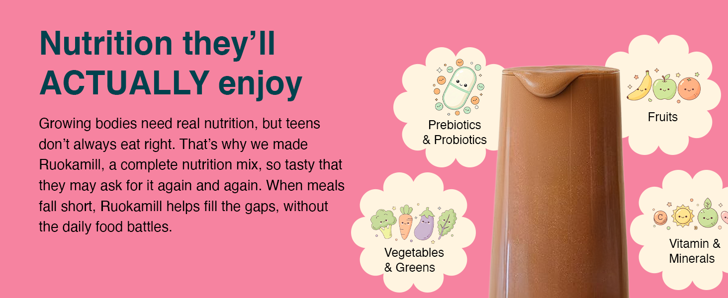 Ruokamill Teen Girls Nutrition Mix | Age 13-18y | Supports Growth, Focus, Hormonal Balance & Immunity | 30 Nutrients, 13g Protein, Omega-3, 3.4B CFU Probiotics | No Refined Sugar | (400g, Chocolate)