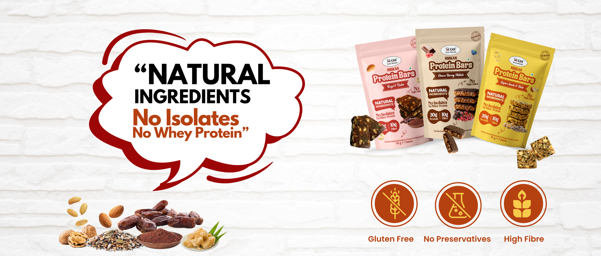 NIHKAN Ragi & Dates Protein Mini Bars | Gluten Free, Sugar-Free, Preservatives Free, Natural Ingredients Energy bar | 20g Protein Pack | 15 g x 7 bites