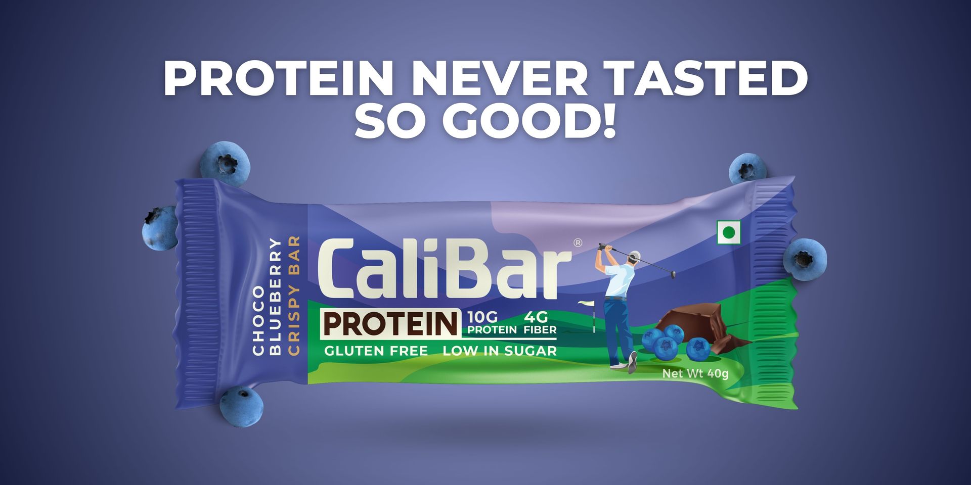 CaliBar 10g Protein Bar - Choco Blueberry Crispy Bar (Pack of 6) Low In Sugar, Real Blueberry Bits, Gluten-Free, 4g Fiber, No Preservatives, No Palm oil, Delicious Taste (40g x 6 Bars)