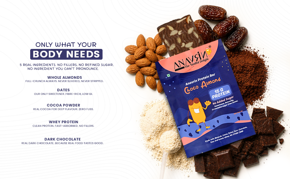 ANAVRIN Choco Almond Protein Bar - 15g Protein, 5g Fibre with Goodness of Dates (6 Bars x 50gm) No Added Sugar, No Soy, No Preservatives Gluten Free Energy Bar, Healthy Snack