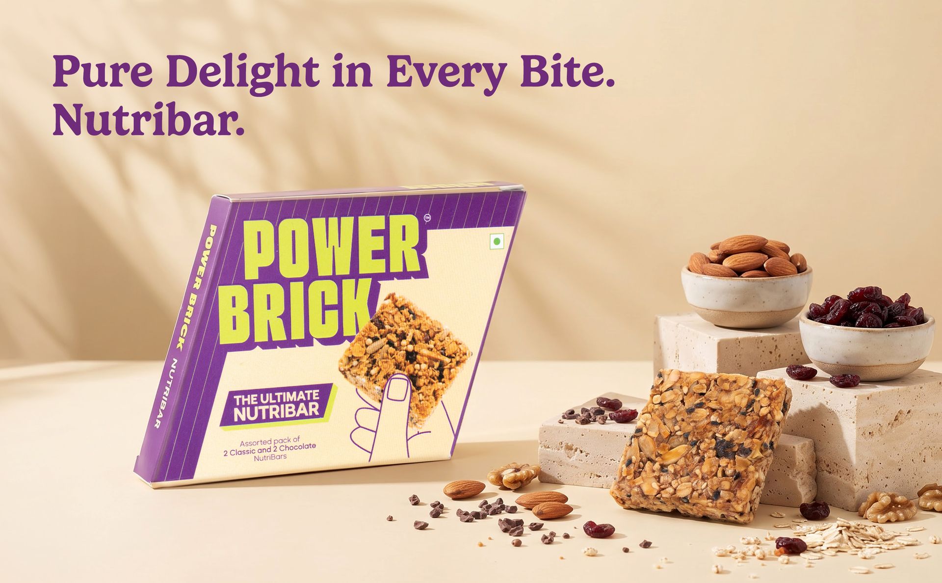 Gauneeti Power Brick Nutribar 120 Grams, Protein Bar with Nuts & Seeds, Made with Desi Cow A2 Ghee, Jaggery & Honey Sweetened, No Refined Sugar, No Preservatives, 2 Classic + 2 Chocolate for Everyday Snacking