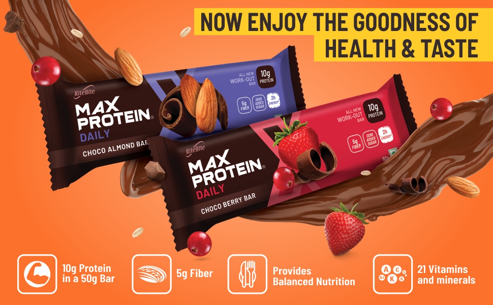 RiteBite Max Protein Daily Choco Berry Bars 300 Gm Pack Of 6 (50 G X 6) & Daily Choco Classic Bars 300 Gm - Pack Of 6 (50 G X 6) - 300 Gm