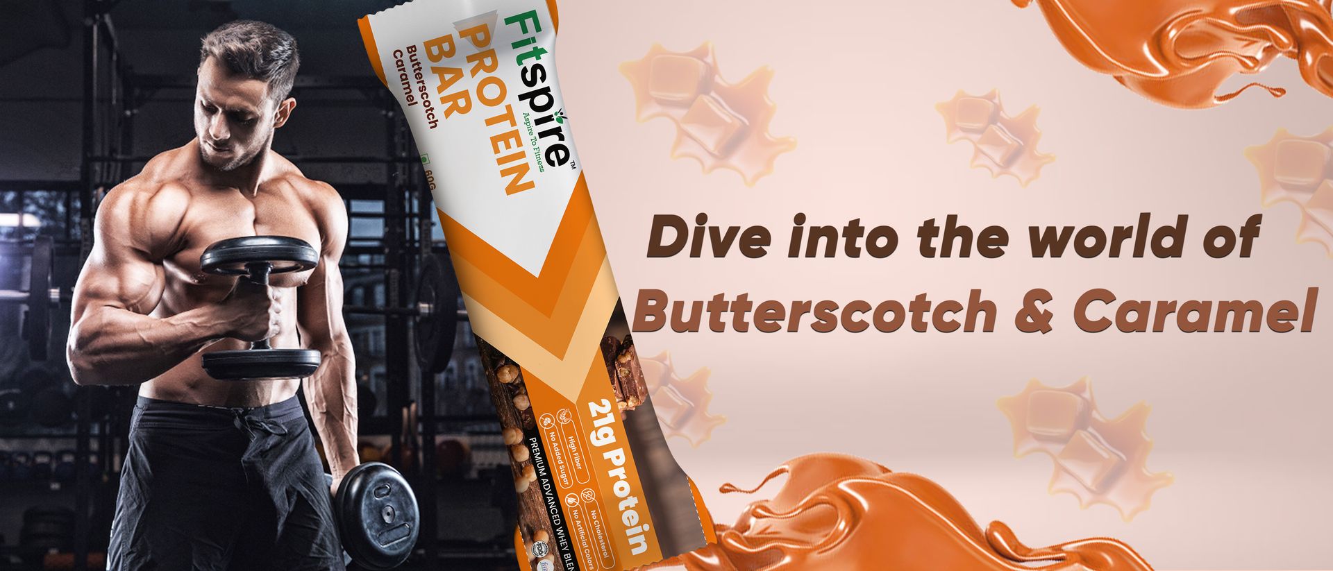 Fitspire Butterscotch Caramel Protein Bar (60g)- 21g Protein from Whey Blend- Low Sugar High Fiber Snack- Supports Muscle Recovery, Satiety and Energy- No Artificial Preservatives