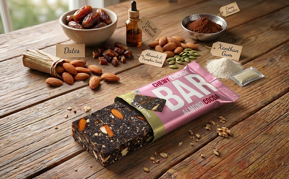 NUEATS co. Chewy Energy Bar Almond Cocoa Nut & Seed Snack Bar with Rich Cocoa Flavor, Crunchy Almonds & Chewy Texture On-the-Go Healthy Energy Snack for Workouts, Travel & Daily Nutrition Pack of 6