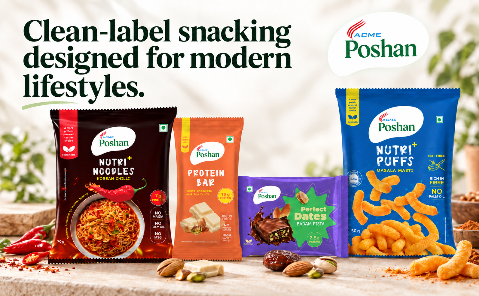 ACME Poshan Snack Variety Pack, Dark Chocolate & Dry Fruits Protein Bar, Nutri+ Noodles Korean Chilli, Nutri+ Puffs Tomato Twist, High Protein, No Palm Oil, No MSG Healthy Snacks Combo, Pack of 3