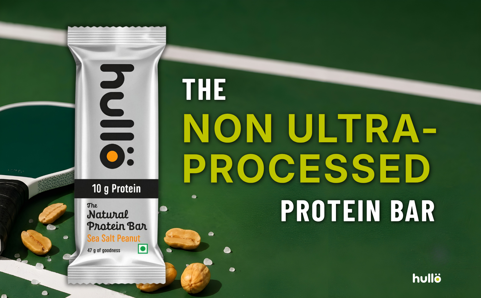 Hullo The Natural Protein Bar | High Fiber & Rich in Omega 3, 6, and 9 | Healthy Snack for Gym, Office & Travel | Dairy Free, Soy Free & Non Ultra Processed (Pack of 24, Sea Salt Peanut)