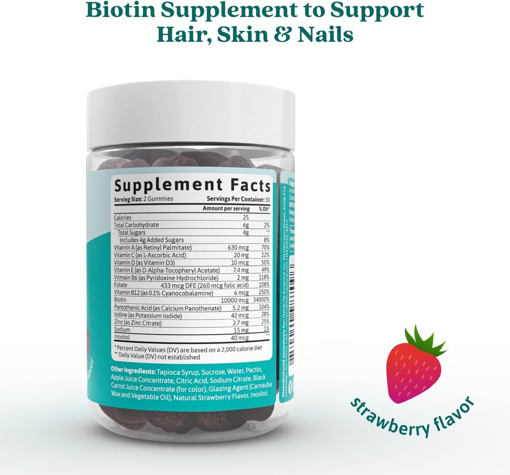 BeLive Biotin Gummies - Skin, Nails & Hair Vitamins with A, C, D, E, B12, Zinc, Folate & Inositol, Biotin Supplement for Anti-Aging, Energy & Collagen Boost, Multivitamin Gummies - Strawberry | 3-Pack 2