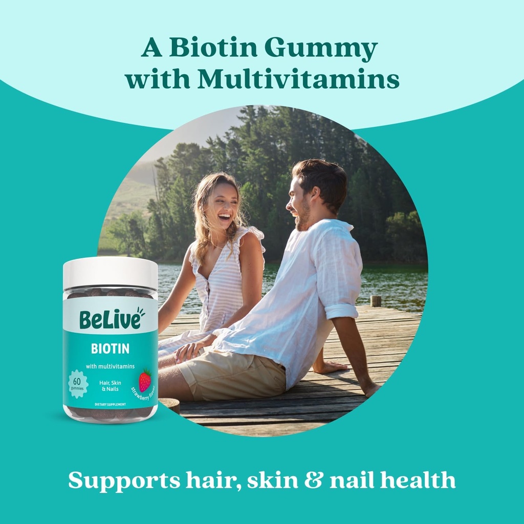 BeLive Biotin Gummies - Skin, Nails & Hair Vitamins with A, C, D, E, B12, Zinc, Folate & Inositol, Biotin Supplement for Anti-Aging, Energy & Collagen Boost, Multivitamin Gummies - Strawberry | 3-Pack 3
