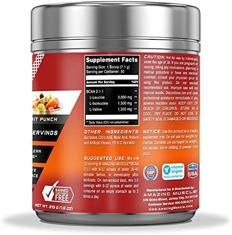 Amazing Muscle BCAA 2:1:1 Branched Chain Amino Acids Supplement | 6,000 Mg Per Serving | Fruit Punch Flavor | 30 Servings 4