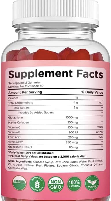 Glutathione Skin Care - Skin Brightening - Gummies Collagen - Anti-Aging L-Glutathione - Marine Collagen & Vitamins 3