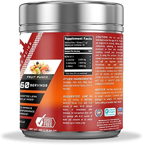 Amazing Muscle BCAA 2:1:1 Branched Chain Amino Acids Supplement | 6000 Mg Per Serving | Fruit Punch Flavor | 60 Servings 4