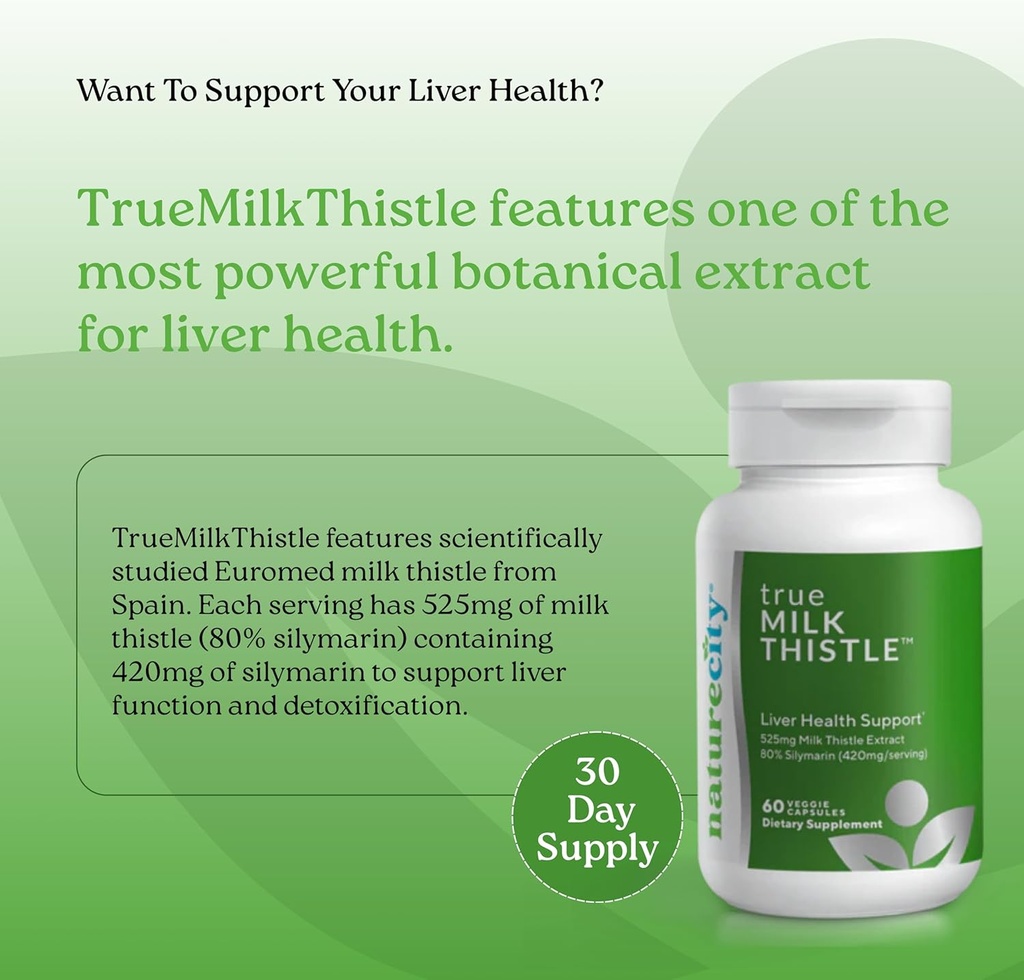 NatureCity TrueMilkThistle | Milk Thistle Supplement 525mg | Milk Thistle (80% silymarin) containing 420mg of Silymarin | Antioxidant Support | Liver Support Supplement | 60 Veggie Capsules 3