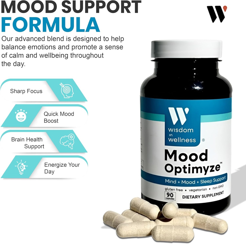 Wisdom In Wellness Mood Optimyze - 90 Mood Support Supplement Capsules - Soothing Support Supplement - Mind, Sleep & Mood Support Pills - Gluten Free & Non GMO Wellness and Relaxation Supplement 4