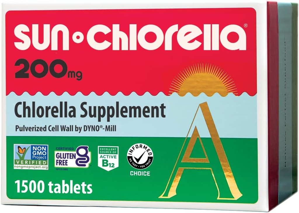 Sun Chlorella 200 mg Green Algae Superfood Supplement - Pulverized Cell Wall - Chlorophyll, CGF, Active B12, Iron, Protein - Non-GMO - 1500 Tablets 2