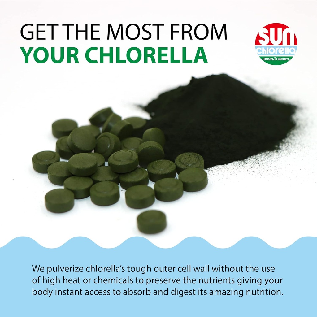 Sun Chlorella 200 mg Green Algae Superfood Supplement - Pulverized Cell Wall - Chlorophyll, CGF, Active B12, Iron, Protein - Non-GMO - 1500 Tablets 5
