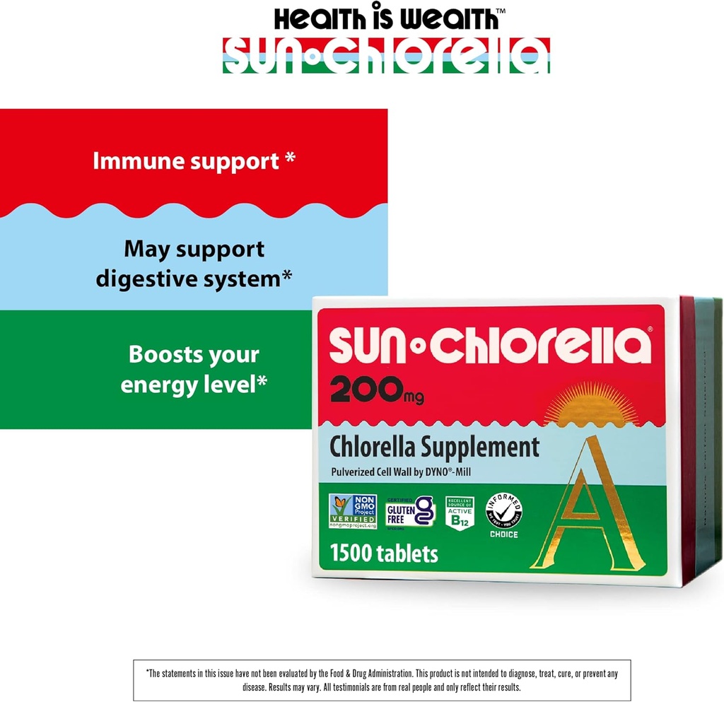 Sun Chlorella 200 mg Green Algae Superfood Supplement - Pulverized Cell Wall - Chlorophyll, CGF, Active B12, Iron, Protein - Non-GMO - 1500 Tablets 6