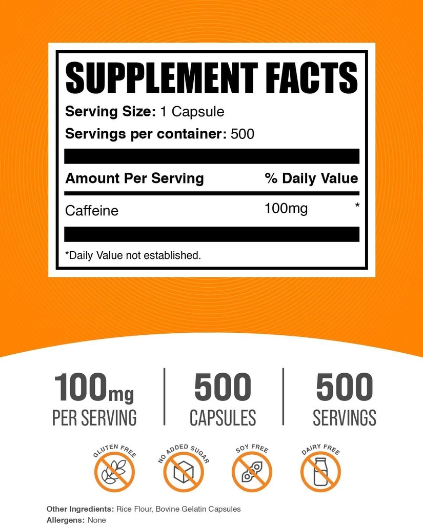 BulkSupplements.com Caffeine 100mg Capsules - Caffeine Supplements, Caffeine Pills 100mg - for Energy Support, 1 Caffeine Capsule per Serving, 500 Capsules (Pack of 1) 3