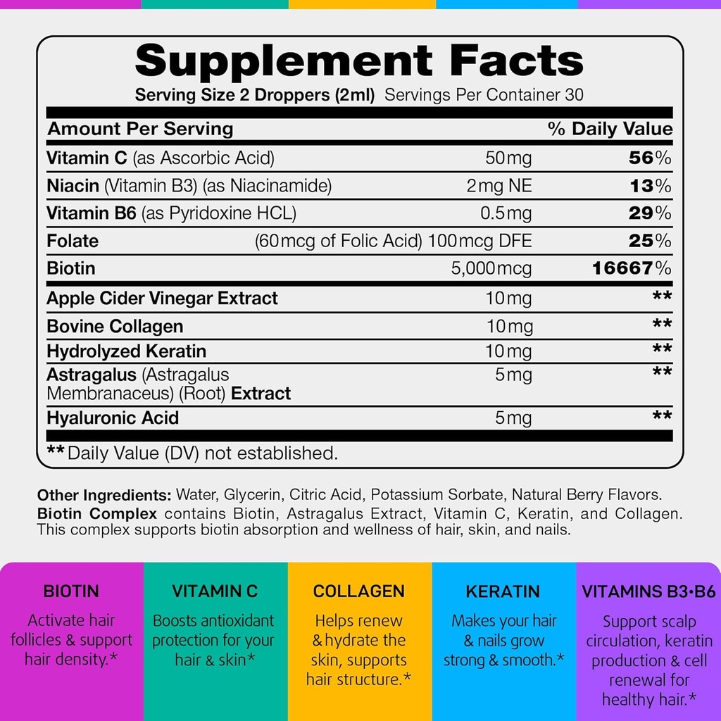 Liquid Biotin for Hair Growth, Skin & Nails - 80,000 mcg Hair Vitamins Drops - Extra Strength Biotin 5000mcg, Collagen, Keratin with Hyaluronic Acid - Multivitamin Supplement for Women & Men - 2 fl oz 3