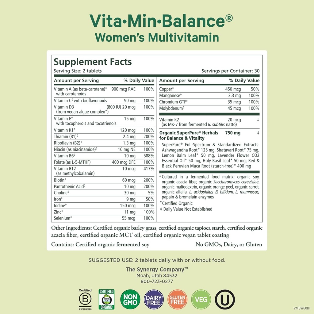 PURE SYNERGY Vita·Min·Balance | Multivitamin for Women with Iron | Women’s Daily Multivitamin Made with Organic Whole Foods | for Balanced Energy and Stress Support (60 Tablets) 3