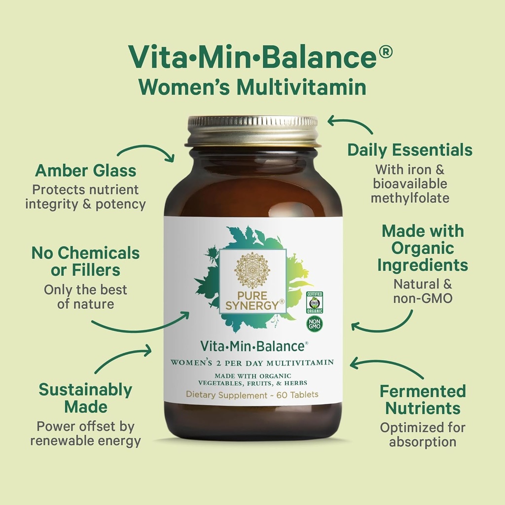 PURE SYNERGY Vita·Min·Balance | Multivitamin for Women with Iron | Women’s Daily Multivitamin Made with Organic Whole Foods | for Balanced Energy and Stress Support (60 Tablets) 4