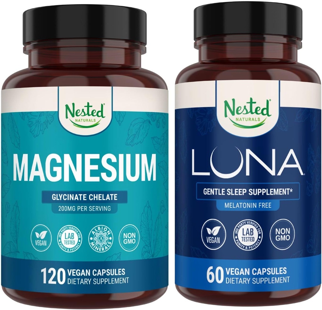 Nested Naturals Luna Melatonin-Free Sleep Aid & Magnesium Glycinate Chelate for Improved Sleep, Relaxation, & Recovery (180 Capsules) 2