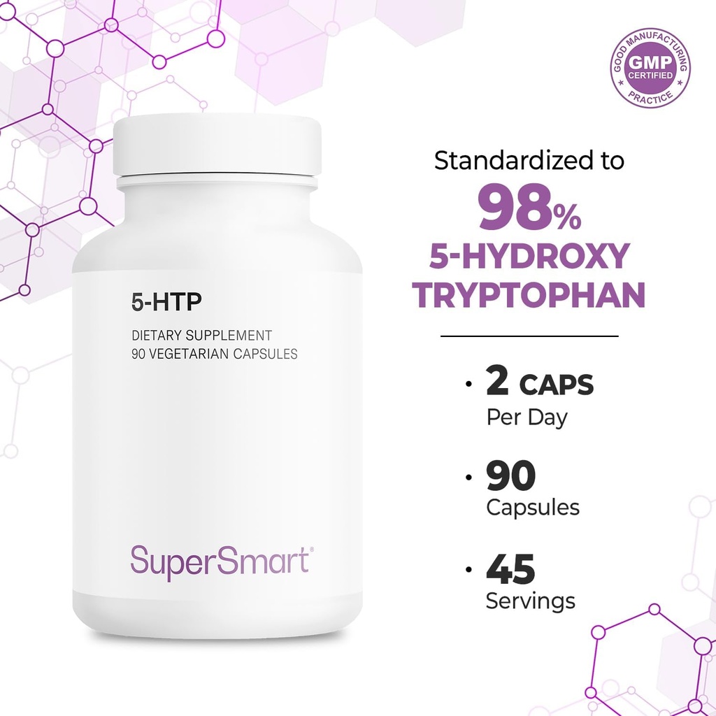 Supersmart 5-HTP 100mg per Day (High Purity) - 98% 5-HTP Supplement - Griffonia Simplicifolia Extract - 5-HydroxyTryptoPhan | Non-GMO & Gluten Free - 90 Vegetarian Capsules 6