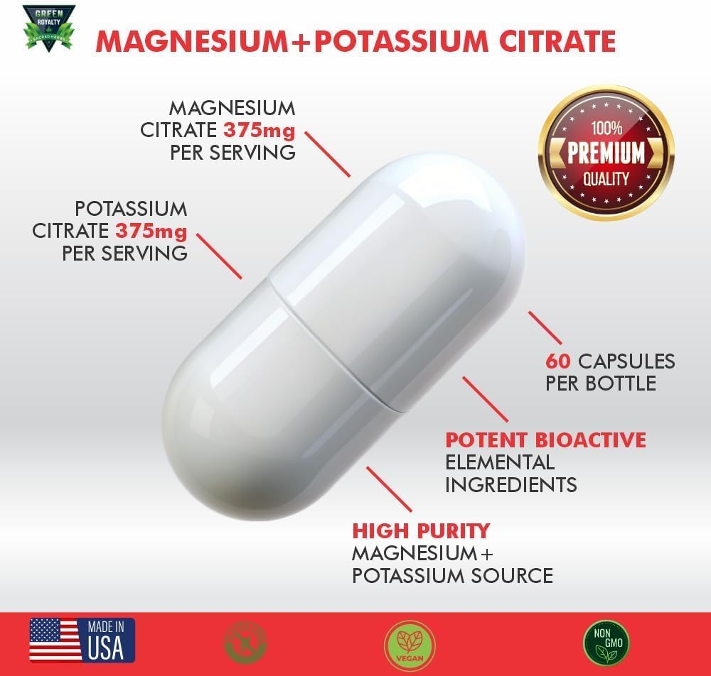 Magnesium Citrate + Potassium 60 Premium Vegan Capsules(Citrate 375 mg) + (375mg Potassium) Non GMO, Gluten Free - High Absorption Supplement Made in USA 2