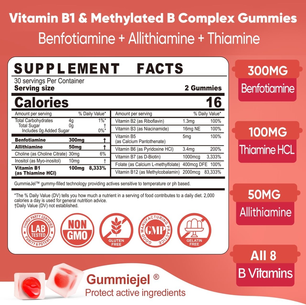 Vitamin B1 & Methylated Vitamin B Complex Gummies - All B Vitamins, Benfotiamine, Thiamine & Inositol, Methylated B1 B2 B6 Multivitamins, L-methylfolate, Methyl B12 for Nerve Cognition Energy, 60 Cts 3