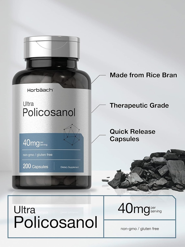 Horbäach Policosanol 40mg | 200 Capsules | Non-GMO and Gluten Free Supplement 4