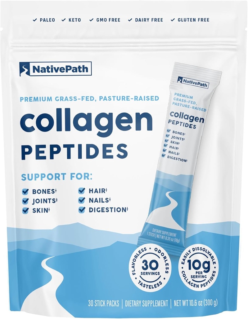 NativePath Collagen Peptides Protein Stick Packs - Hydrolyzed Type 1 & 3 Collagen Powder for Skin, Hair, Nails - 30 Servings 2